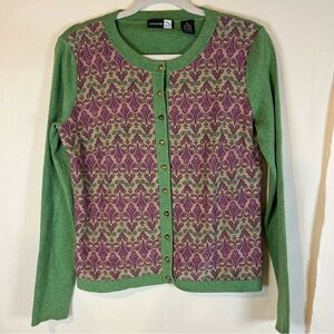 Saks Fifth Avenue Classic Green Cotton and Purple‎ Silk Blend Cardigan Sweater M